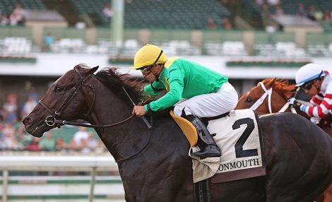 Apollo Ten #2 with Jairo Rendon riding, won the $100,000 My Frenchman Stakes at Monmouth Park Racetrack in Oceanport, NJ on Sunday July 14, 2024.  Photo By Bill Denver/EQUI-PHOTO