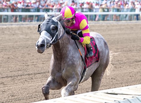 Tapit Trice #8 with Irad Ortiz, Jr. riding won the $400,000 G3 Monmouth Cup at Monmouth Park Racetrack in Oceanport, NJ on Saturday July 20, 2024.  Photo By Joe Labozzetta/EQUI-PHOTO