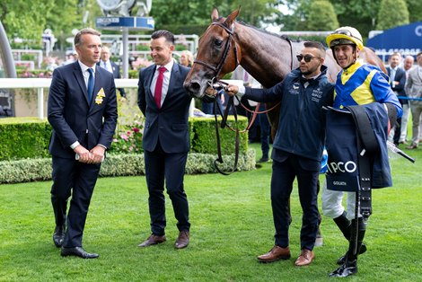 Francis- Henri Graffard (L) with Goliath (Christophe Soumillon) after the King George VI and Queen Elizabeth Stakes<br>
Ascot 27.7.24 Pic: Edward Whitaker