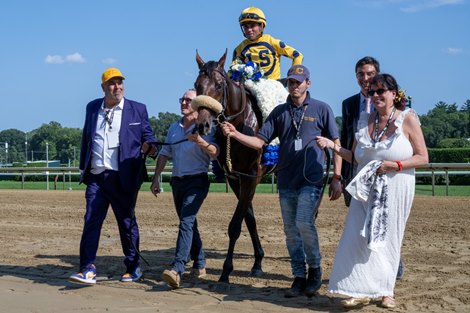 Far Bridge with Joel Rosario wins the Sword Dancer (G1T) at Saratoga Race Course in Saratoga Springs, N.Y., on Aug. 24, 2024.