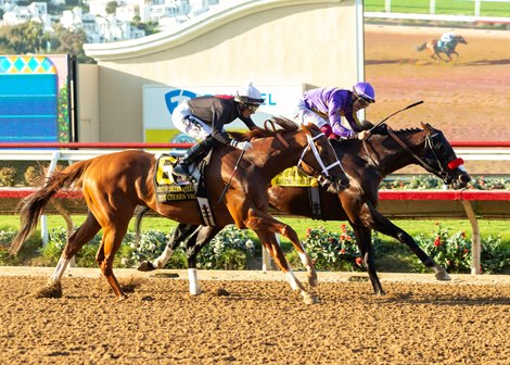 Davis and Great Friends Stables' Raging Torrent and Antonio Fresu, right, caught heavily favored  The Chosen Vron (Hector I. Berrios up)  in mid-stretch and held him off to win the Grade II $250,000 Pat O'Brien Stakes Saturday, August 24, 2024 at Del Mar Thoroughbred Club, Del Mar, CA. Benoit Photo