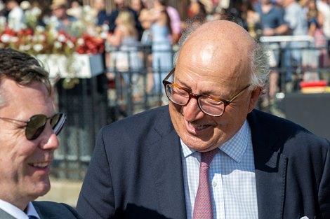 Far Bridge’s trainer Christophe Clement, right has a laugh with NYRA CEO David O’Rourke after winning the 50th running of the Resorts World Casino Sword Dancer at the Saratoga Race Course Saturday Aug 24, 2024 in Saratoga Springs, N.Y.  Photo  by Skip Dickstein