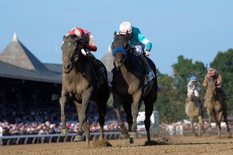 Domestic Product and Flavien Prat win the G1 H. Allen Jerkens Memorial Stakes, Saratoga Racecourse, Saratoga Springs, NY 8-24-24, Mathea Kelley