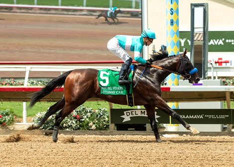 Getaway Car and jockey Juan Hernandez win the Grade III $150,000 Best Pal Stakes Sunday, August 11, 2024 at Del Mar Thoroughbred Club, Del Mar, CA.  The two-year-old son of Curlin is trained by Hall of Famer Bob Baffert.<br><br />
Benoit Photo