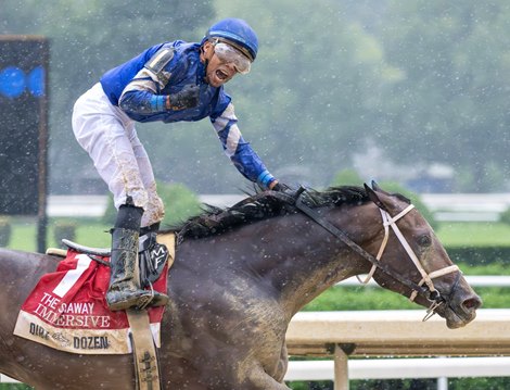 Jockey Manuel Franco is jubilant as he pumps his fist after wining the 133rd running of The Spinaway aboard Immersive at the Saratoga Race Course Saturday  Aug 31, 2024 in Saratoga Springs, N.Y.  Photo  by Skip Dickstein