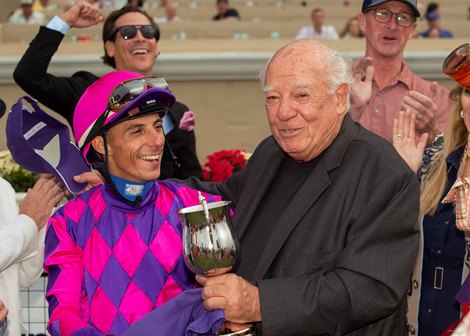 Owner Anthony Fanticola toasts his winning jockey Antonio Fresu after his Motorious won the Grade III $150,000 Green Flash Handicap Saturday, August 31, 2024 at Del Mar Thoroughbred Club, Del Mar, CA. <br><br />
Benoit Photo