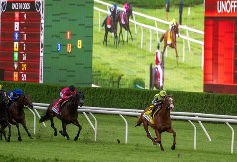Carl Spackler with jockey Tyler Gaffalione pulls away from the field to win the 40th Running of The Fanduel Fourstardave at the Saratoga Race Course Sunday Aug 11, 2024 in Saratoga Springs, N.Y.  Photo  by Skip Dickstein