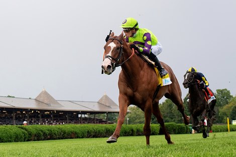 Carl Spackler and Tyler Gaffalione win the G1 Fourstardave Stakes, Saratoga Racecourse, Saratoga Springs, NY, Aug 11, 2024, Mathea Kelley