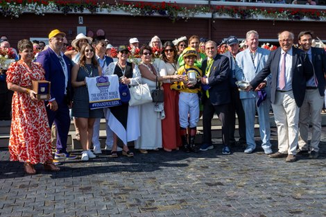 Far Bridge with Joel Rosario wins the Sword Dancer (G1T) at Saratoga Race Course in Saratoga Springs, N.Y., on Aug. 24, 2024.