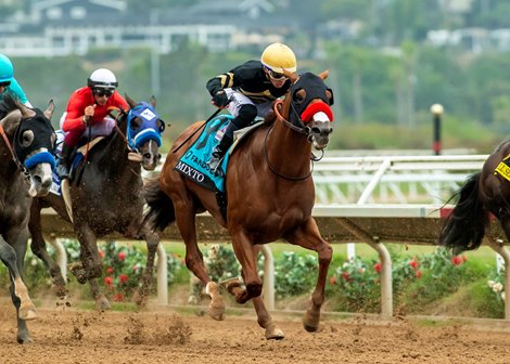 Mixto and jockey Kyle Frey, outside, overpower Full Serrano (Reylu Gutierrez), inside, to win the Grade I,$1,000,000 FanDuel Racing Pacific Classic, Saturday, August 31, 2024 at Del Mar Thoroughbred Club, Del Mar CA.<br>
© BENOIT PHOTO
