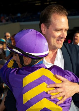 Davis and Great Friends Stables' Raging Torrent caught heavily favored  The Chosen Vron in mid-stretch and held him off to win the Grade II $250,000 Pat O'Brien Stakes Saturday, August 24, 2024 at Del Mar Thoroughbred Club, Del Mar, CA. Trainer Doug O'Neill, right, and jockey Antonio Fresu celebrate after the race.<br>
Benoit Photo