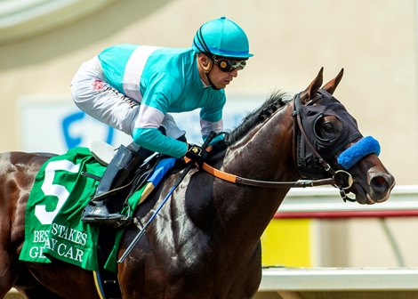 Getaway Car and jockey Juan Hernandez win the Grade III $150,000 Best Pal Stakes Sunday, August 11, 2024 at Del Mar Thoroughbred Club, Del Mar, CA.  The two-year-old son of Curlin is trained by Hall of Famer Bob Baffert.<br>
Benoit Photo