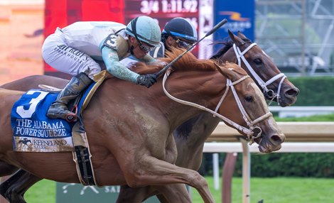 Power Squeeze with jockey Javier Castellano noses out Candied ridden by Manuel Franco to win the 144th running of The Alabama presented by Keeneland Sales at the Saratoga Race Course Saturday Aug 17, 2024 in Saratoga Springs, N.Y.  Photo  by Skip Dickstein