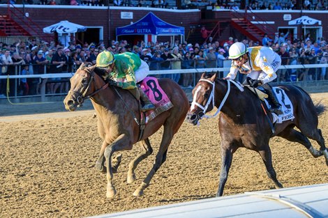 Jockey Flavien Prat guides Chancer McPatrick #8 the win in the 120th running of the Hopeful at the Saratoga Race Course Monday Sept 2, 2024 in Saratoga Springs