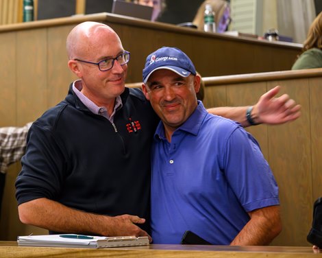 (L-R): Tom Ryan with SF Bloodstock and buyer of hip 324 with consignor Archie St George after the purchase<br>
Scenes from the Keeneland September sale near Lexington, Ky., on Sept. 10, 2024.