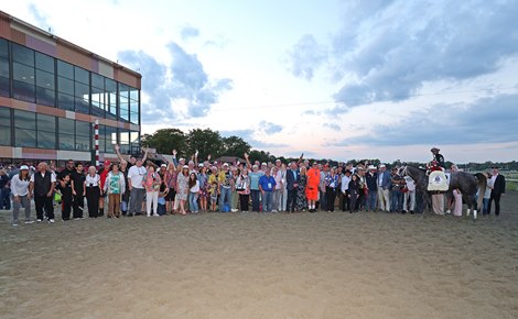 The MYRACEHORSE winners circle for Seize the Grey #2 with Jaime Torres riding who won the $1,000,000 Grade I Pennsylvania Derby at Parx Racing in Bensalem, PA on September 21, 2024. Photo by Bill Denver/EQUI-PHOTO.