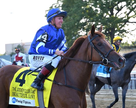 Beautiful Love wins the 2024 Jockey Club Oaks Invitational Stakes at Aqueduct Racetrack