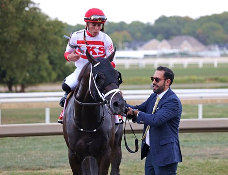 Trainer Jose D’Angelo with Bentornato #1 with Irad Ortiz, Jr. riding after winning the $400,000 Grade II Gallant Bob Stakes at Parx Racing in Bensalem, PA on September 21, 2024. Photo by Bill Denver/EQUI-PHOTO.