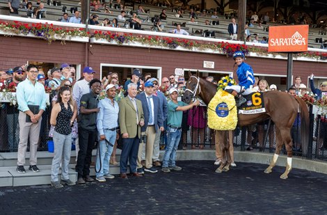 Winner Highland Falls with jockey Flavien Prat, is joined by connections after winning the 106th running of The Jockey Club Gold Cup at the Saratoga Race Course Saturday  Sept 1, 2024 in Saratoga Springs, N.Y.  Photo  by Skip Dickstein
