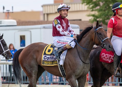 Thorpedo Anna #6 with Brian Hernandez riding won the $1,000,000 Grade I Cotillion Stakes at Parx Racing in Bensalem, PA on September 21, 2024. Second was Gun Song #7 with John Velazquez. Photo by Joe Labozzetta/EQUI-PHOTO