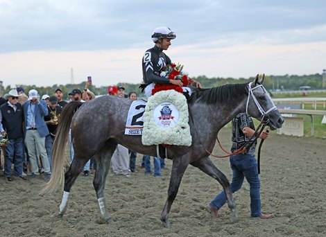 Seize the Grey #2 with Jaime Torres riding won the $1,000,000 Grade I Pennsylvania Derby at Parx Racing in Bensalem, PA on September 21, 2024. Photo by Nikki Sherman/EQUI-PHOTO