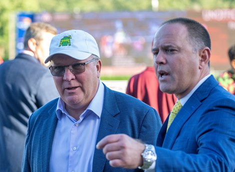 Trainer Chad Brown of Mechanicville speaks with owner Sean Flanagan, left after his horse  Chancer McPatrick won  the 120th running of the Hopeful at the Saratoga Race Course Monday Sept 2, 2024 in Saratoga Springs, N.Y.  Photo  by Skip Dickstein