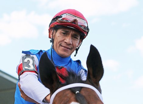 He'spuregold #3 with Paco Lopez riding won the $100,000 Red Bank Stakes at Monmouth Park Racetrack in Oceanport, NJ on Monday September 2, 2024.  Photo By Julia Sebastianelli/EQUI-PHOTO