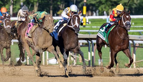 Jockey Flavien Prat guides Chancer McPatrick #8, far left to the win in the 120th running of the Hopeful at the Saratoga Race Course Monday Sept 2, 2024 in Saratoga Springs, N.Y.  Photo  by Skip Dickstein