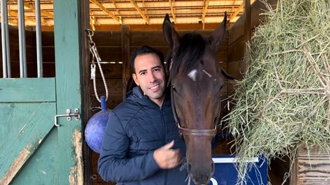 Trainer Jose D&#39;Angelo poses with his first grade 1 winner, Howard Wolowitz, after the 2024 Franklin-Simpson Stakes at Kentucky Downs