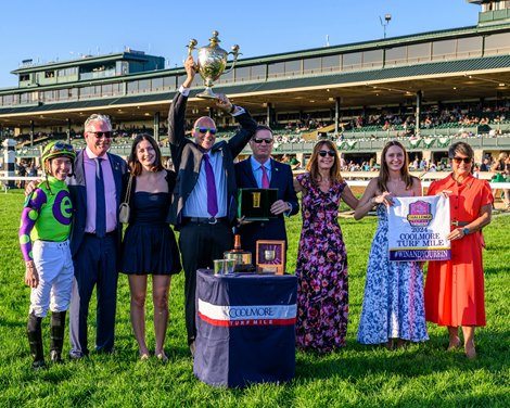 (L-R): Tyler Gaffalione, Charlie O’Connor, Delaney Edwards, Bob Edwards, Dermot Ryan, Kristine Edwards, Cassidy Gaffalione, Dora Delgado<br>
Carl Spackler with Tyler Gaffalione wins the Coolmore Turf Mile (G1T) at Keeneland in Lexington, Ky. on October 5, 2024