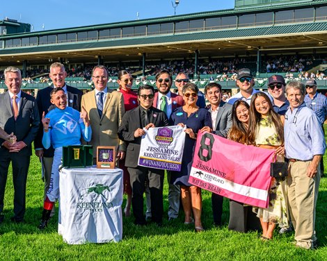 May Day Ready with Lanfranco Dettori wins the Jessamine Stakes (G2T) Presented by Keeneland Sales at Keeneland in Lexington, Ky. on October 4, 2024