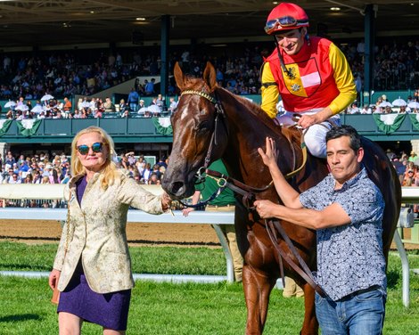 Owner Emilie Frojan, left, leading Brunacini with Luan Machado won the Perryville (G3) at Keeneland on Oct. 19, 2024.