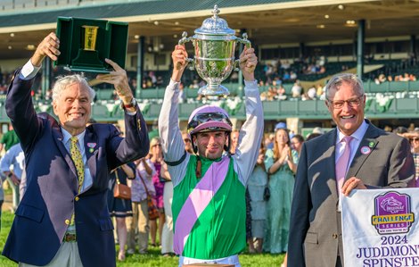 (l_R): Dr. John Chandler, Florent Geroux, Garrett O’Rourke Idiomatic with Florent Geroux wins the Juddmonte Spinster (G1)  at Keeneland in Lexington, Ky. on October 6, 2024