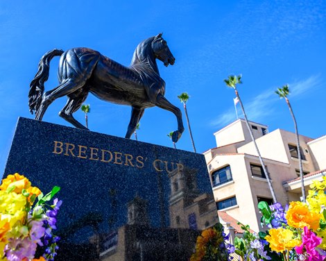 ecorche statue near Del Mar paddock Breeders’ Cup contenders training at Del Mar in Del Mar, California, on Oct. 30, 2024.
