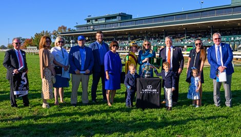 Presentation: includes Barbara Banke with Stonestreeet, left of Tyler Gaffalione. Emery with Tyler Gaffalione won the Lexus Raven Run (G2) at Keeneland on Oct. 19, 2024.