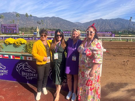 Courtney Reid at Santa Anita_2023 with Dora Delgado, CR, Brandy Harmon, Olivia Hills<br>
Reid is Senior Director, Racing & Industry Relations at Breeders' Cup