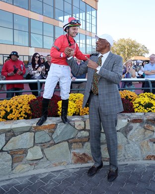 Julius Erving II "Dr. J" congratulates jockey Andrew Wolfsont after he won the first of five National Thoroughbred League competition races on October 19, 2024 at Parx Racing in Bensalem, Pa. Photo by Bill Denver/EQUI-PHOTO.