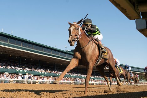 Zeitlos and Jose Ortiz win the G2 Thoroughbred Club of America, at Keeneland Racecourse, Lexington, KY, 10-5-24, Mathea Kelley