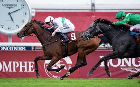 Friendly Soul (Kieran Shoemark) wins the Prix de L'Opera Longchamp 6.10.24 Pic: Edward Whitaker