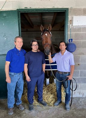 May Day Ready, winner of the Jessamine Stakes (G2T) with Trainer Joseph Lee, and sons Anthony Lee and Joseph Lee IV.