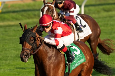 Minaret Station and Cristian Torres win the G2 Castle & Key Bourbon Stakes, at Keeneland Racecourse, Lexington, KY, 10-6-24, Mathea Kelley