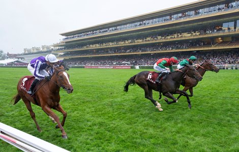 Vertical Blue (red and green) beats stable mate Zarigana (farside) and Exactly (nearest) in the Prix Marcel Boussac Longchamp 6.10.24 Pic: Edward Whitaker