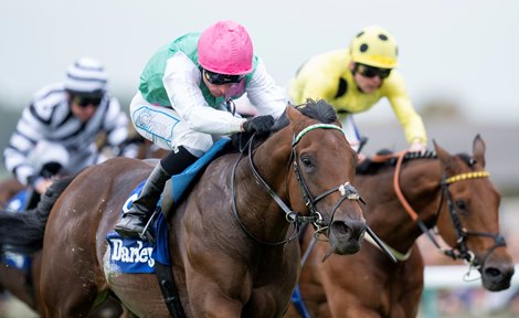 Lead Artist (Kieran Shoemark,left) beats Liberty Lane (Clifford Lee) in the Darley Stakes<br>
Newmarket 12.10.24 Pic: Edward Whitaker