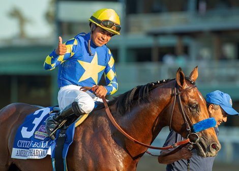 Jockey Martin Garcia guides Citizen Bull to the winner's circle after their victory in the Grade I, $300,000 American Pharoah Stakes, Saturday, October 5, 2024 at Santa Anita Park, Arcadia CA.<br>
© BENOIT PHOTO