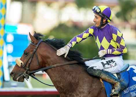 CRK Stable's Skinner and jockey Hector I. Berrios win the Grade III $100,000 Native Diver Stakes Saturday November 23, 2024 at Del Mar Thoroughbred Club, Del Mar, CA.<br>
Benoit Photo