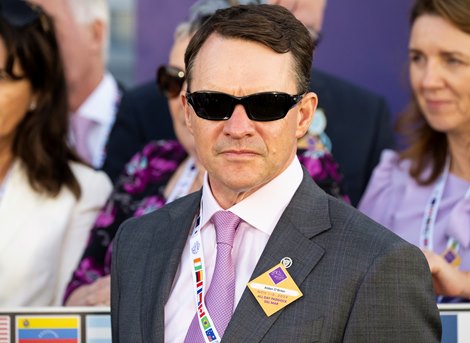 Aidan O’Brien in the winner’s circle after Henri Matisse with Ryan Moore win the Juvenile Turf (G1T) at Del Mar Racetrack in Del Mar, CA on November 1, 2024.