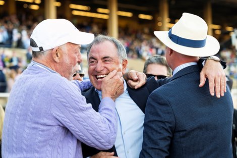 (L-R): Jack Wolf, Donato Lanni and Tom Ryan in the winner’s circle after Citizen Bull with Martin Garcia win the Juvenile (G1) at Del Mar Racetrack in Del Mar, CA on November 1, 2024.