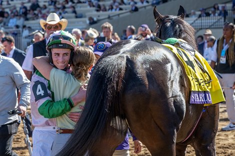 Starlust with Rossa Ryan wins the Turf Sprint (G1T) at Del Mar Racetrack in Del Mar, CA on November 2, 2024. Rossa Ryan celebrates with connections.