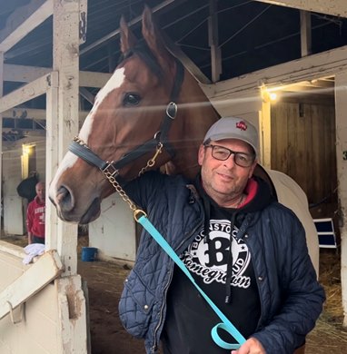 Trainer and Co-Owner Michael Wright Jr. with Journeyman at Churchill Downs ahead of the Claiming Crown