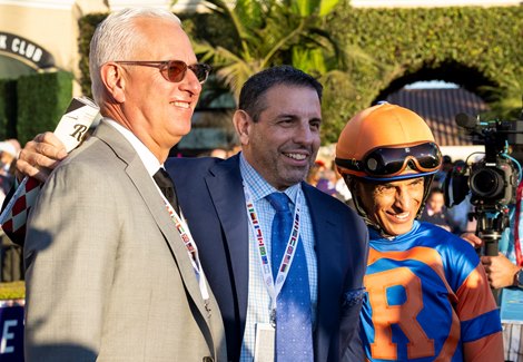 (L-R): Todd Pletcher, Mike Repole and John Velazquez before the Juvenile Turf (G1T) at Del Mar Racetrack in Del Mar, CA on November 1, 2024.